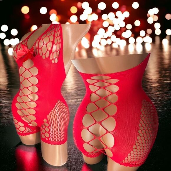 Red Hot l Feels Good On! l Red l Lingerie Romper, Shorts l Soft Mesh l Bow l New - Picture 4 of 8
